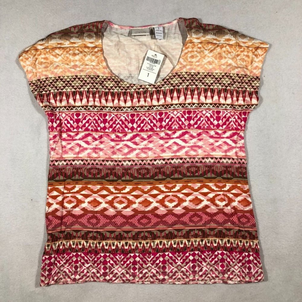 NEW Chico's Womens 1 M/8 Blocked Success Gwen Short Sleeve Top Summer Berry NWT